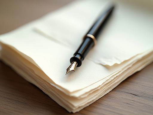 A textured stack of various high-quality papers and a classic calligraphy pen.