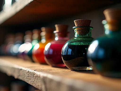 A collection of colorful ink vials lined up on a wooden shelf.