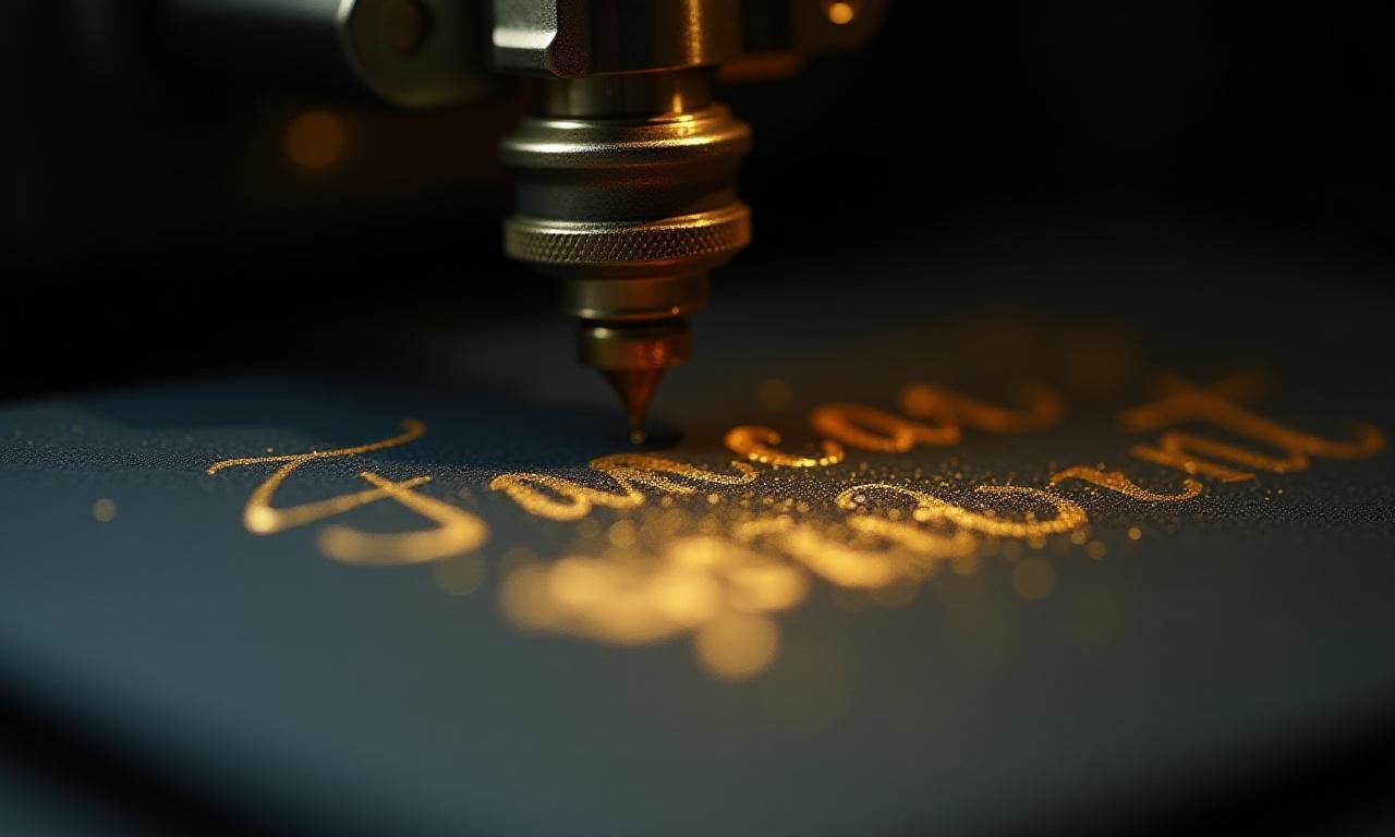 A close-up of a calligraphy printer meticulously applying gold ink onto dark, high-quality paper.
