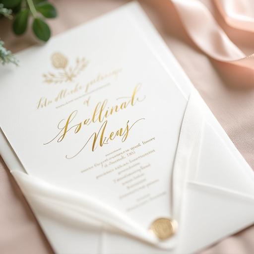 An elegant wedding invitation suite with gold calligraphy, printed using Print Gen Soft products.